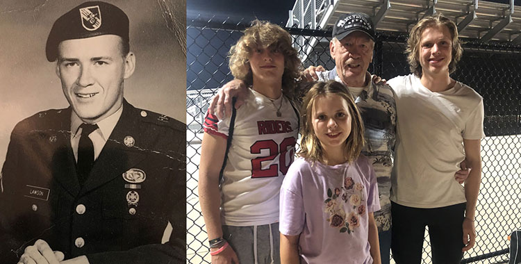 Un collage del sargento Larry Lawson en uniforme y posando con sus nietos.